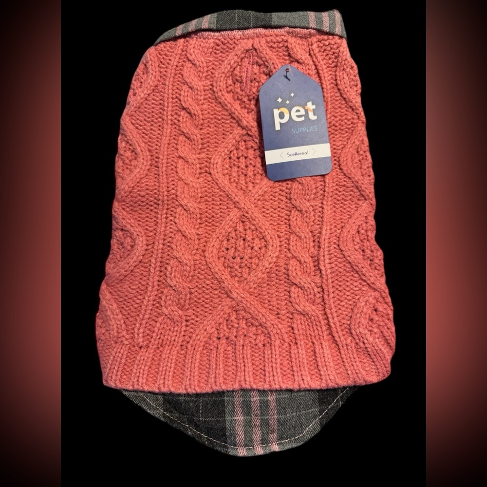 NWT Pink dog sweater w sewn in plaid collared shirt underneath. Size small
